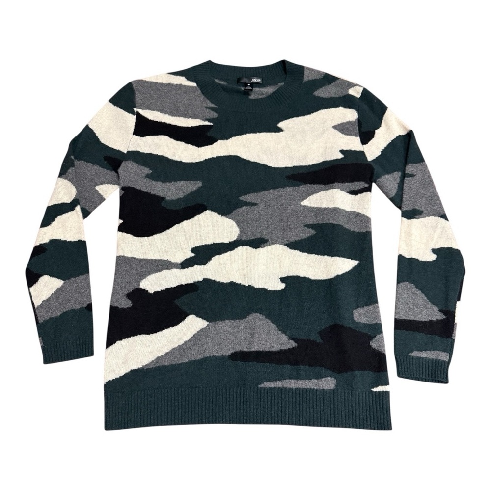 Aqua 100% Cashmere Green and Black Crewneck Sweater Camo